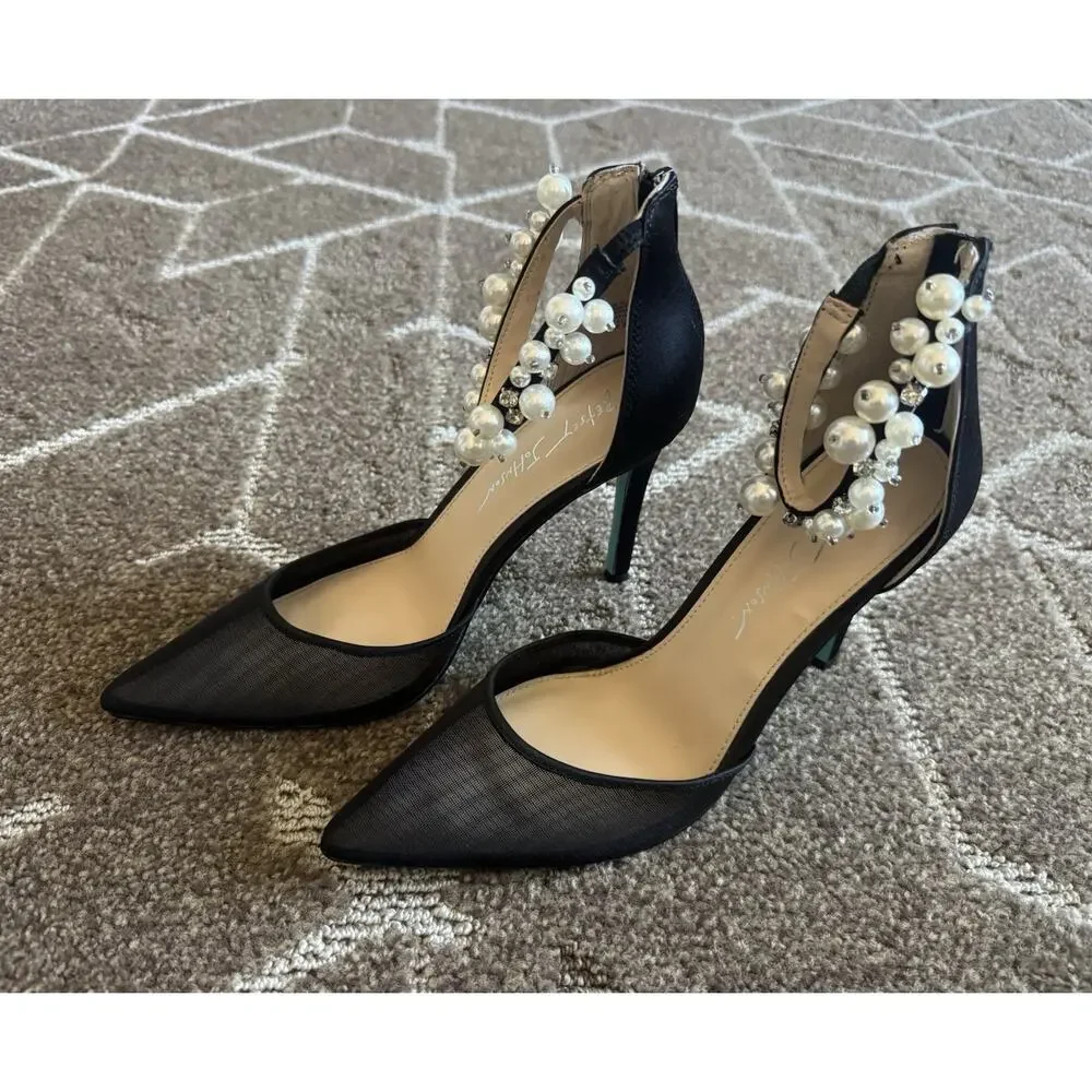 Betsey Johnson SB Ellah Pearl Crystal Embellished Mesh High Heels Pointed Toe 8